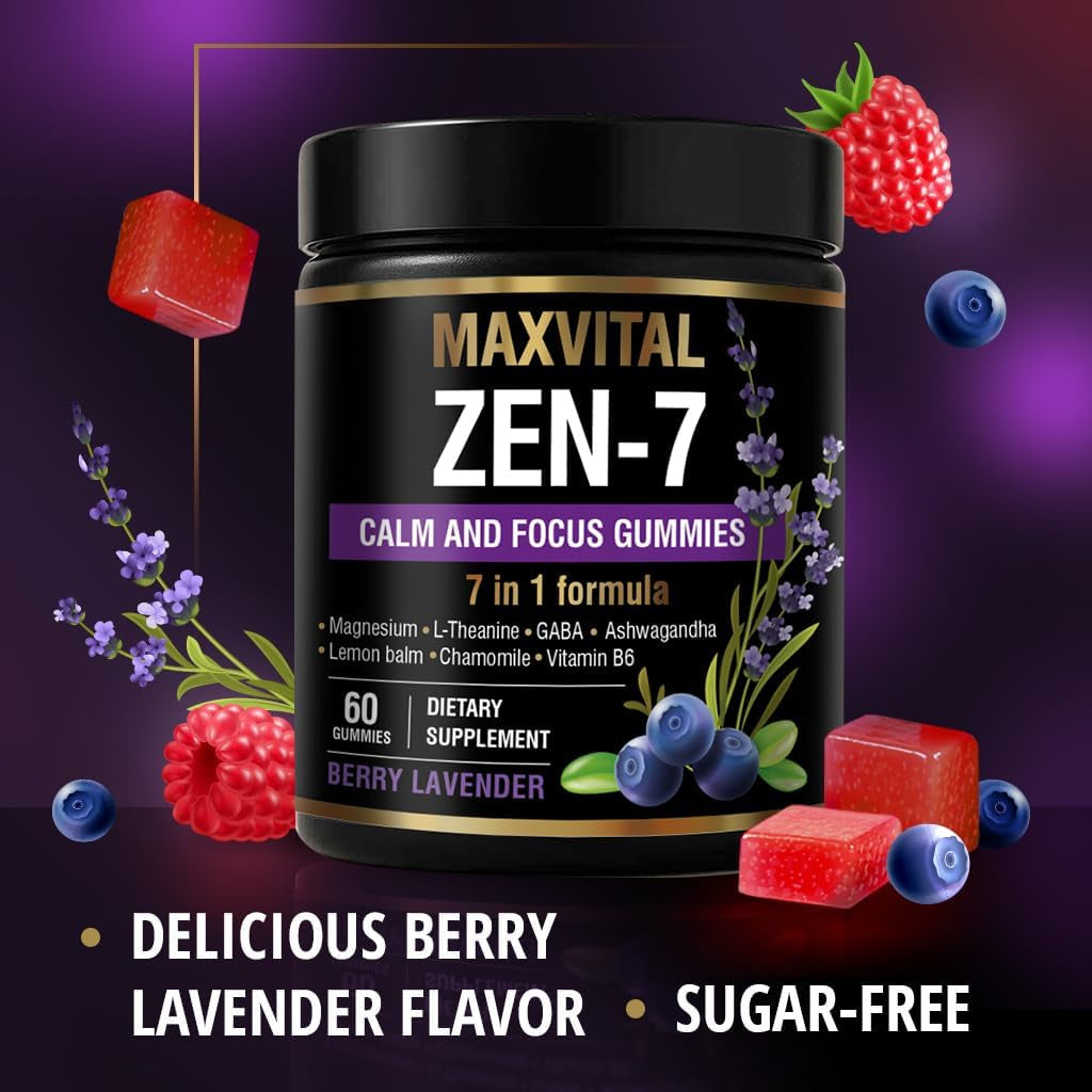 Zen-7 Calm & Focus Gummies - Sugar-Free Stress Relief with Ashwagandha & L-Theanine - 60 Delicious Vegan Gummies for Daily Calm and Clarity