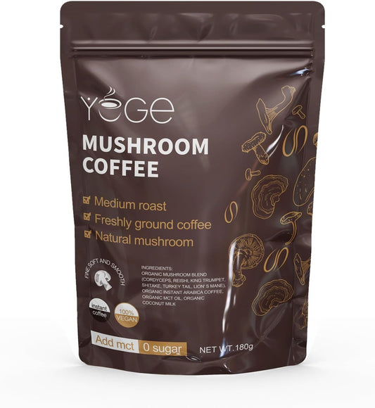 Instant Mushroom Coffee Blend with Cordyceps, Reishi, King Trumpet, Shiitake, Turkey Tail, and Lion's Mane for Enhanced Energy, Focus, Mood Support, and Immune Health (30 Servings)