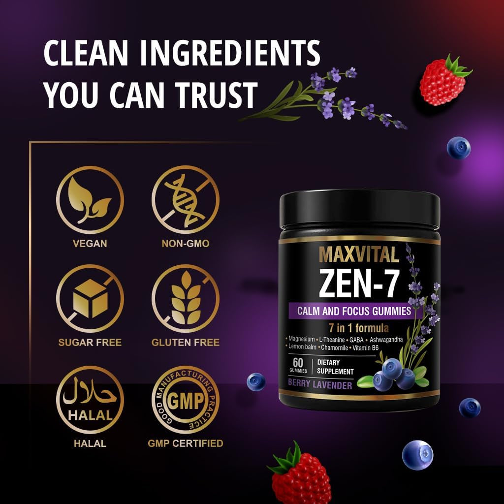 Zen-7 Calm & Focus Gummies - Sugar-Free Stress Relief with Ashwagandha & L-Theanine - 60 Delicious Vegan Gummies for Daily Calm and Clarity