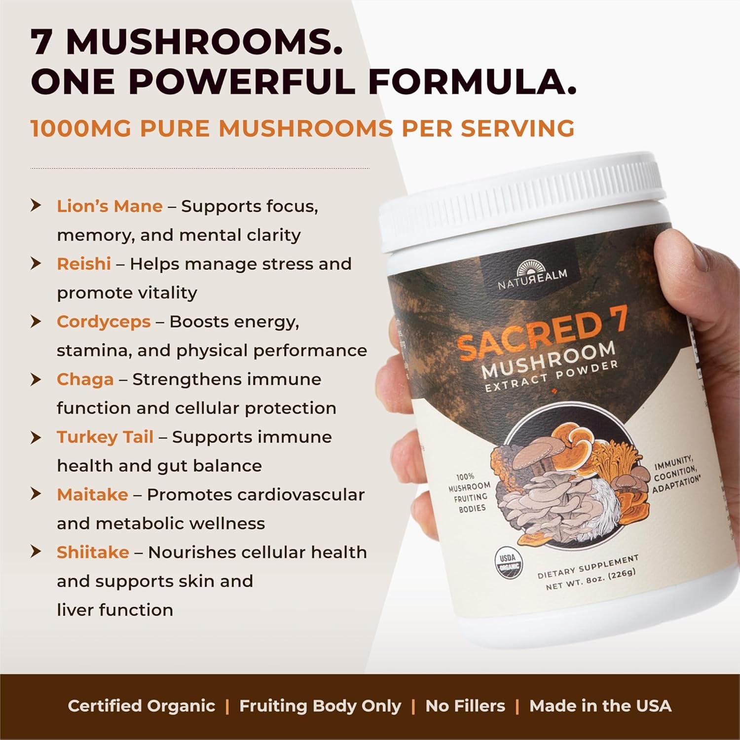 Sacred 7 Mushroom Powder Supplement - 7-in-1 Blend (7 Month Supply) | Immune Support, Cognitive Enhancement, and Energy Boost | Coffee Additive | Organic 100% Fruiting Body Extract of Lion's Mane, Reishi, and Chaga