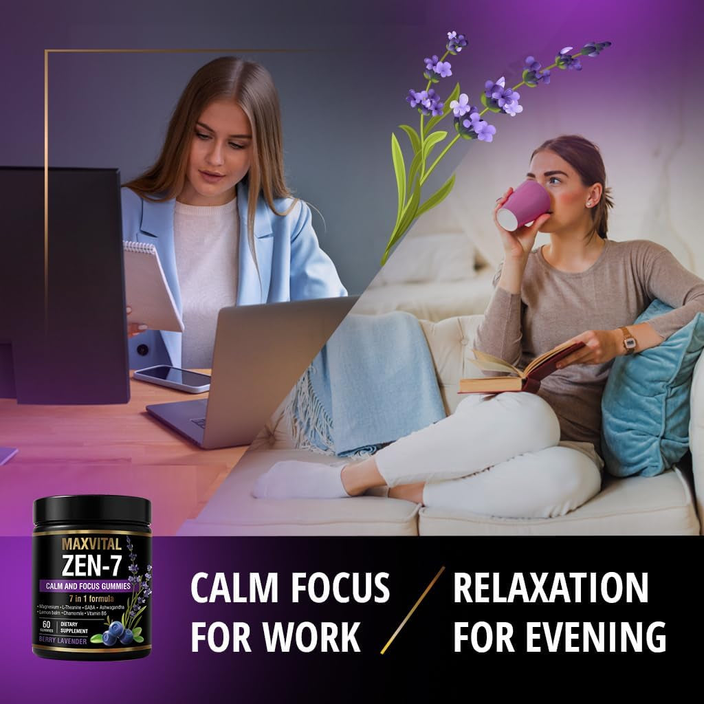 Zen-7 Calm & Focus Gummies - Sugar-Free Stress Relief with Ashwagandha & L-Theanine - 60 Delicious Vegan Gummies for Daily Calm and Clarity