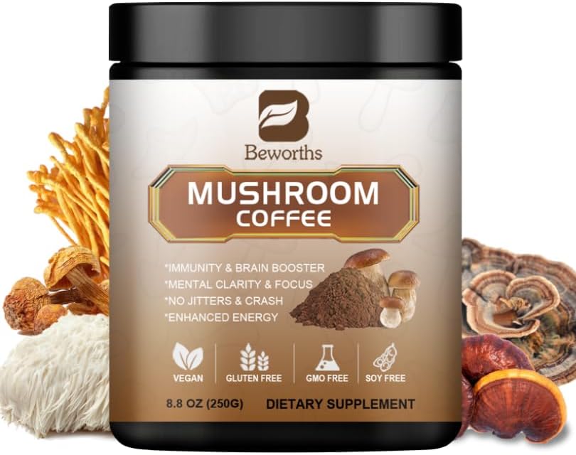 Mushroom Coffee Blend - Instant Coffee with Lion's Mane, Reishi, Chaga, Cordyceps, and Turkey Tail for Enhanced Energy, Mental Clarity, and Cognitive Support