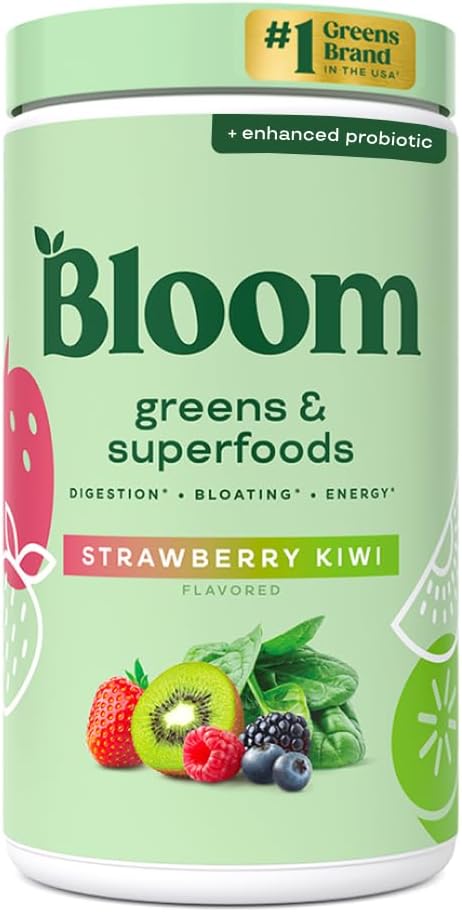 Greens and Superfoods Powder for Digestive Wellness with Digestive Enzymes, Probiotics, Spirulina, and Chlorella - Strawberry Kiwi Flavor, 30 Servings