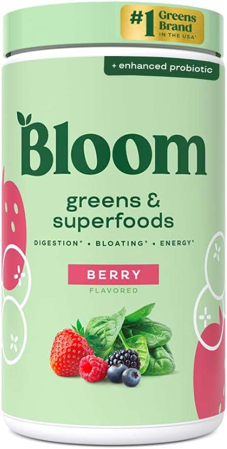 Greens and Superfoods Powder for Digestive Wellness with Digestive Enzymes, Probiotics, Spirulina, and Chlorella - Strawberry Kiwi Flavor, 30 Servings