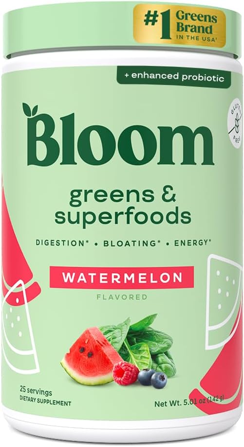 Greens and Superfoods Powder for Digestive Wellness with Digestive Enzymes, Probiotics, Spirulina, and Chlorella - Strawberry Kiwi Flavor, 30 Servings