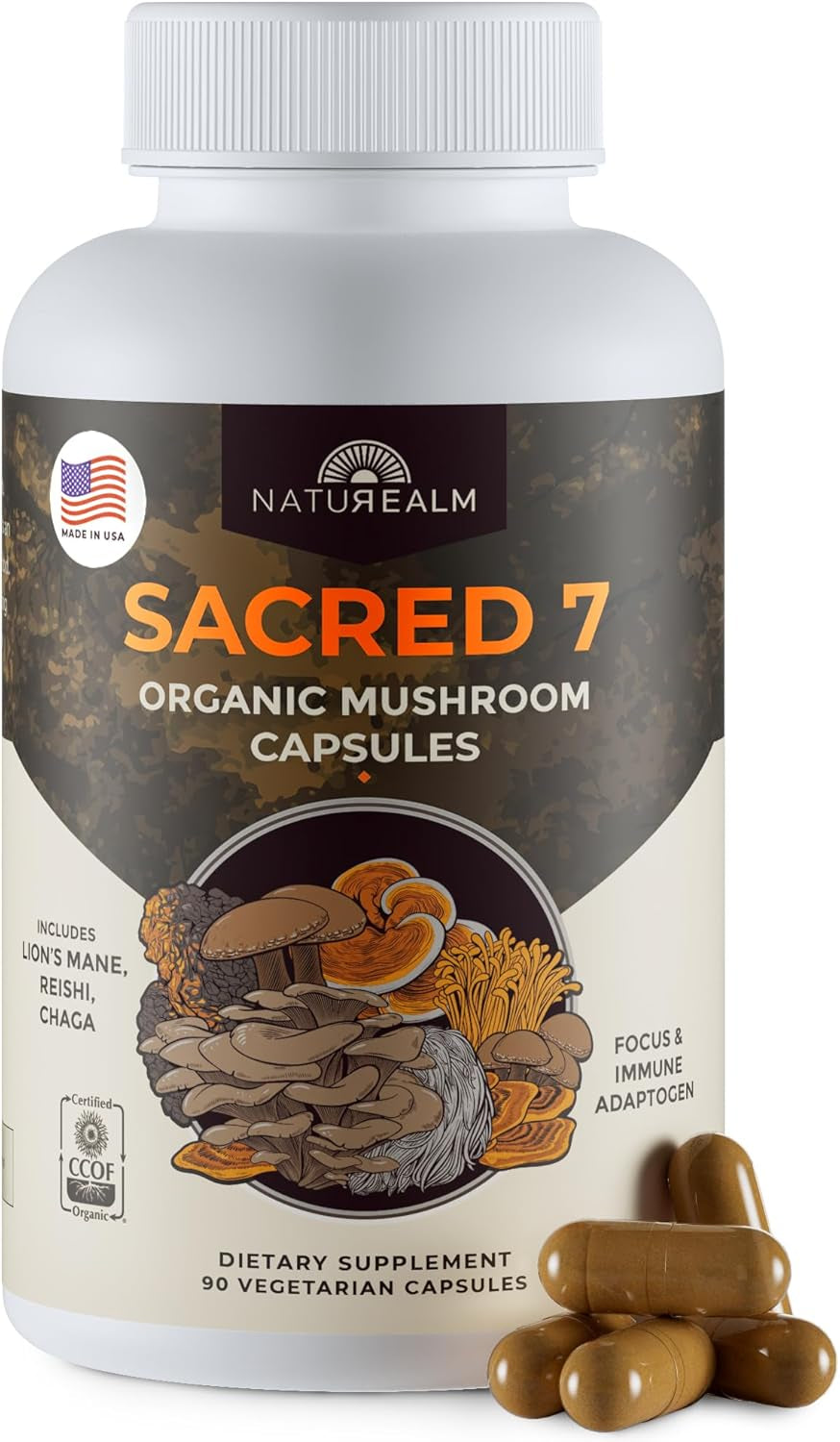 Sacred 7 Mushroom Powder Supplement - 7-in-1 Blend (7 Month Supply) | Immune Support, Cognitive Enhancement, and Energy Boost | Coffee Additive | Organic 100% Fruiting Body Extract of Lion's Mane, Reishi, and Chaga