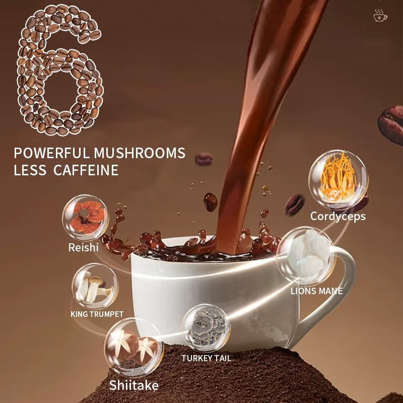 Instant Mushroom Coffee Blend with Cordyceps, Reishi, King Trumpet, Shiitake, Turkey Tail, and Lion's Mane for Enhanced Energy, Focus, Mood Support, and Immune Health (30 Servings)