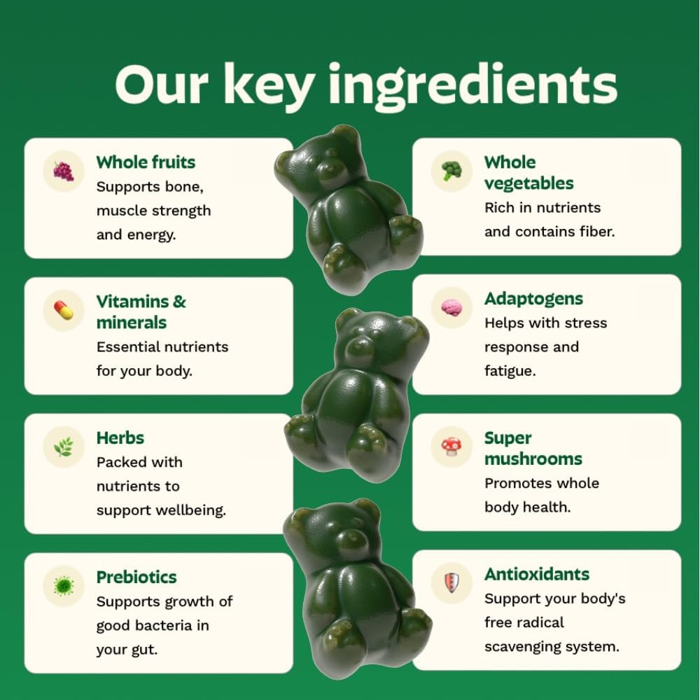 Adults Super Greens Gummies, Multivitamin Superfood Gummy Bears, Spirulina, Chlorella, Prebiotics & Fiber Gummies for Digestive Health, Adaptogens Supplement, 20 Vitamins & Minerals, 10 Count