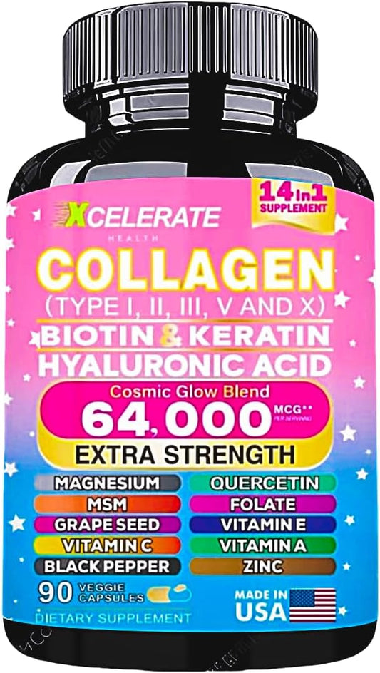 14-in-1 Collagen Supplement with Peptides Types II, III, V, X, Biotin, Keratin, Hyaluronic Acid, Folate, Zinc, Quercetin, Apple Cider Vinegar, Magnesium, and Grape Seed for Hair, Skin, and Nail Health Support (Label May Vary)