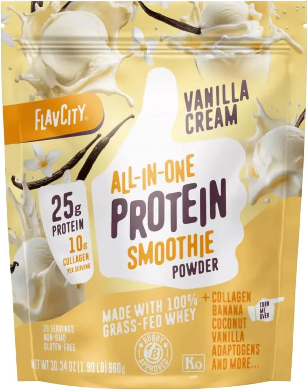 Vanilla Protein Shake Powder with Collagen Peptides, Reishi & Cordyceps Mushrooms - Focus, Skin, Hair & Joint Support - 100% Grass Fed Whey All in One Smoothie, 20 Servings