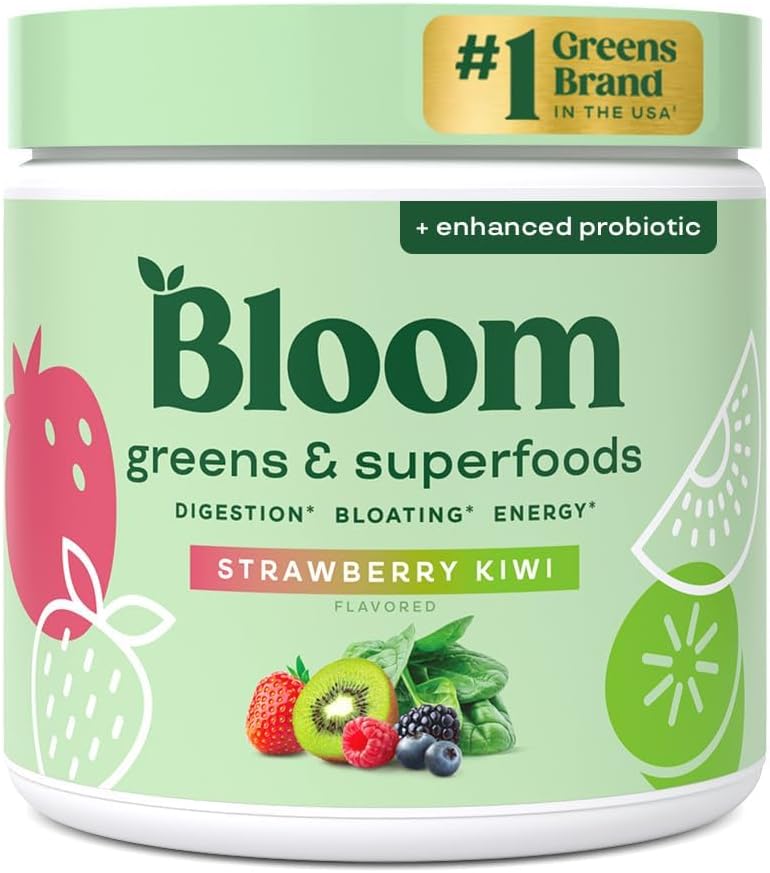 Greens and Superfoods Powder for Digestive Wellness with Digestive Enzymes, Probiotics, Spirulina, and Chlorella - Strawberry Kiwi Flavor, 30 Servings