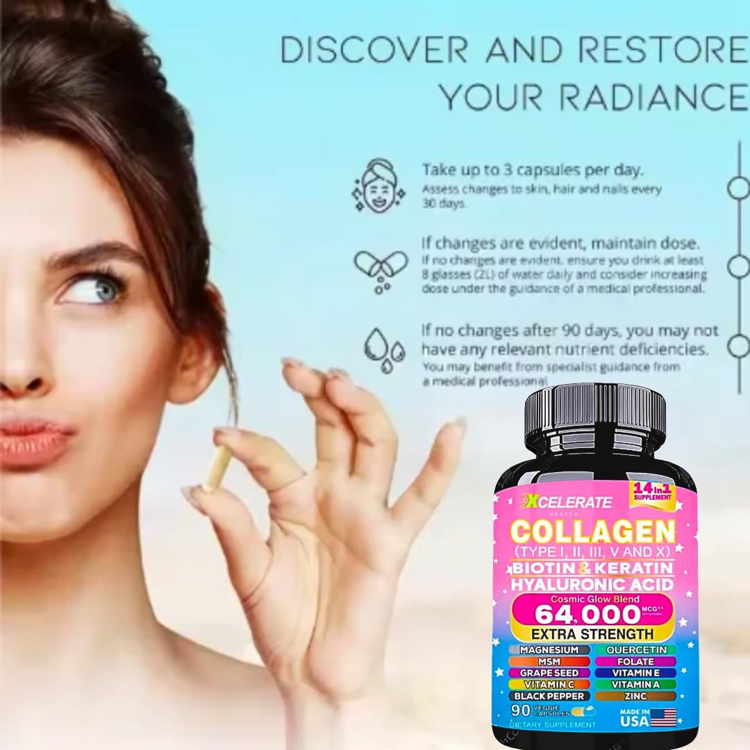 14-in-1 Collagen Supplement with Peptides Types II, III, V, X, Biotin, Keratin, Hyaluronic Acid, Folate, Zinc, Quercetin, Apple Cider Vinegar, Magnesium, and Grape Seed for Hair, Skin, and Nail Health Support (Label May Vary)