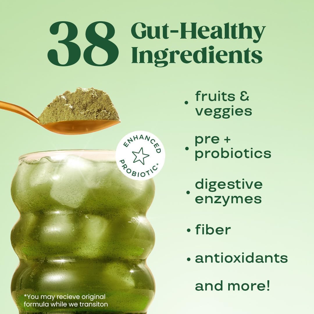 Greens and Superfoods Powder for Digestive Wellness with Digestive Enzymes, Probiotics, Spirulina, and Chlorella - Strawberry Kiwi Flavor, 30 Servings