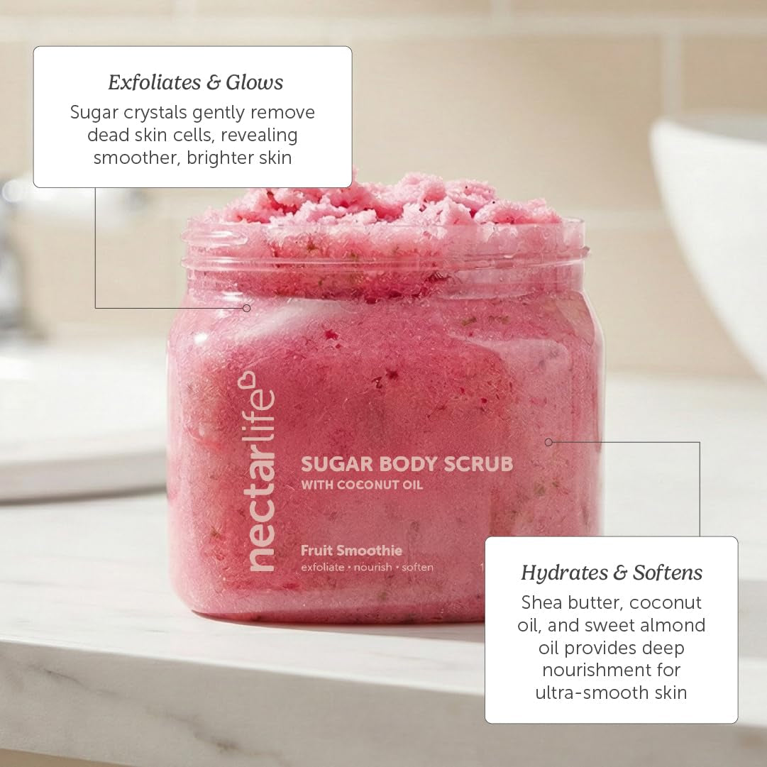 Nectar Life Exfoliating Sugar Scrub - Revitalize Your Skin with Coconut Oil & Shea Butter, Perfect Pre-Shave Exfoliator in Fruit Smoothie Scent (16 Ounce)