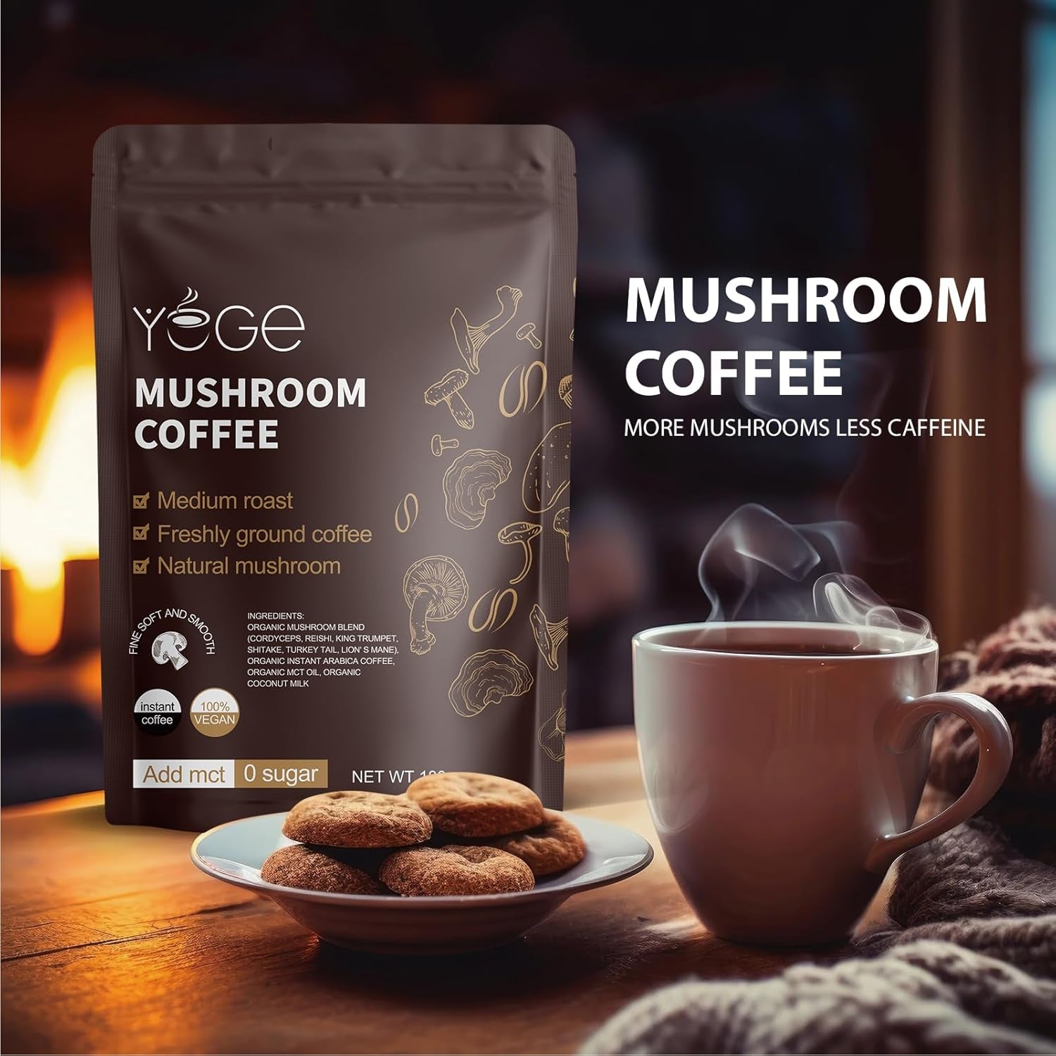 Instant Mushroom Coffee Blend with Cordyceps, Reishi, King Trumpet, Shiitake, Turkey Tail, and Lion's Mane for Enhanced Energy, Focus, Mood Support, and Immune Health (30 Servings)