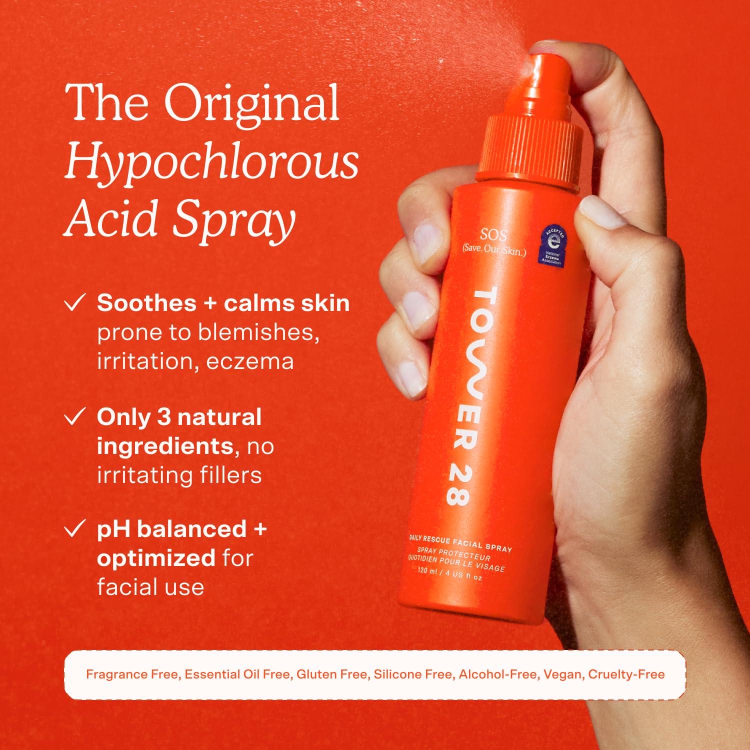 SOS Daily Rescue Facial Spray - Hypochlorous Acid Spray to Help Reduce Redness, Calm Irritation + Alleviate Flare-Ups - Soothing + Purifying Face Toner - Everyday Skin Care Essential (4 Oz)