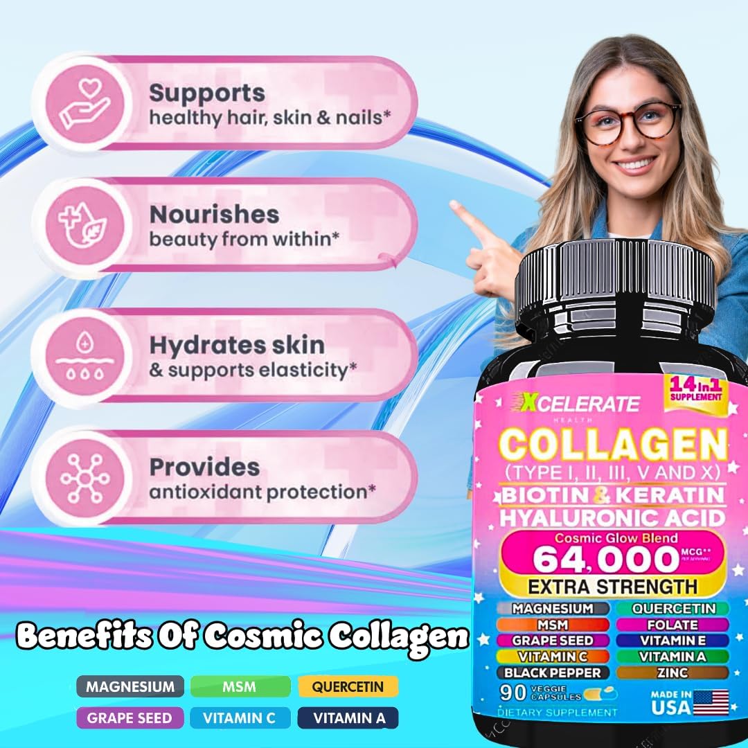 14-in-1 Collagen Supplement with Peptides Types II, III, V, X, Biotin, Keratin, Hyaluronic Acid, Folate, Zinc, Quercetin, Apple Cider Vinegar, Magnesium, and Grape Seed for Hair, Skin, and Nail Health Support (Label May Vary)