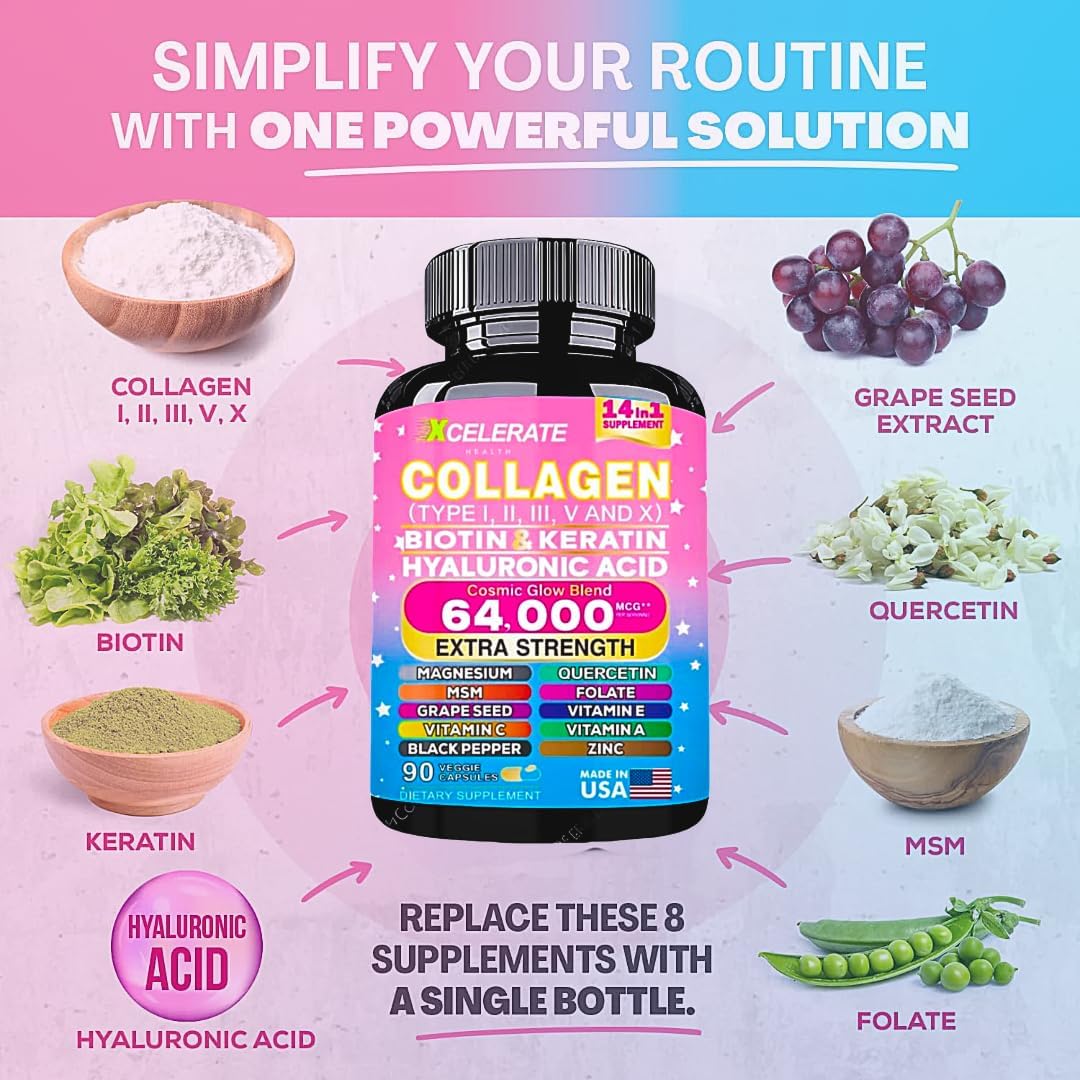 14-in-1 Collagen Supplement with Peptides Types II, III, V, X, Biotin, Keratin, Hyaluronic Acid, Folate, Zinc, Quercetin, Apple Cider Vinegar, Magnesium, and Grape Seed for Hair, Skin, and Nail Health Support (Label May Vary)