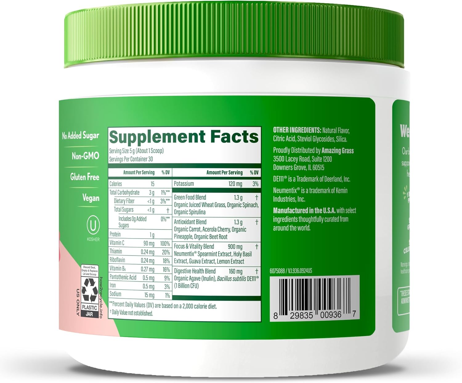 Sweet Greens and Superfoods Powder for Digestive Health, Greens Powder, Digestive Enzymes, Probiotics, Spirulina, Chlorella, Peach Hibiscus, 30 Servings