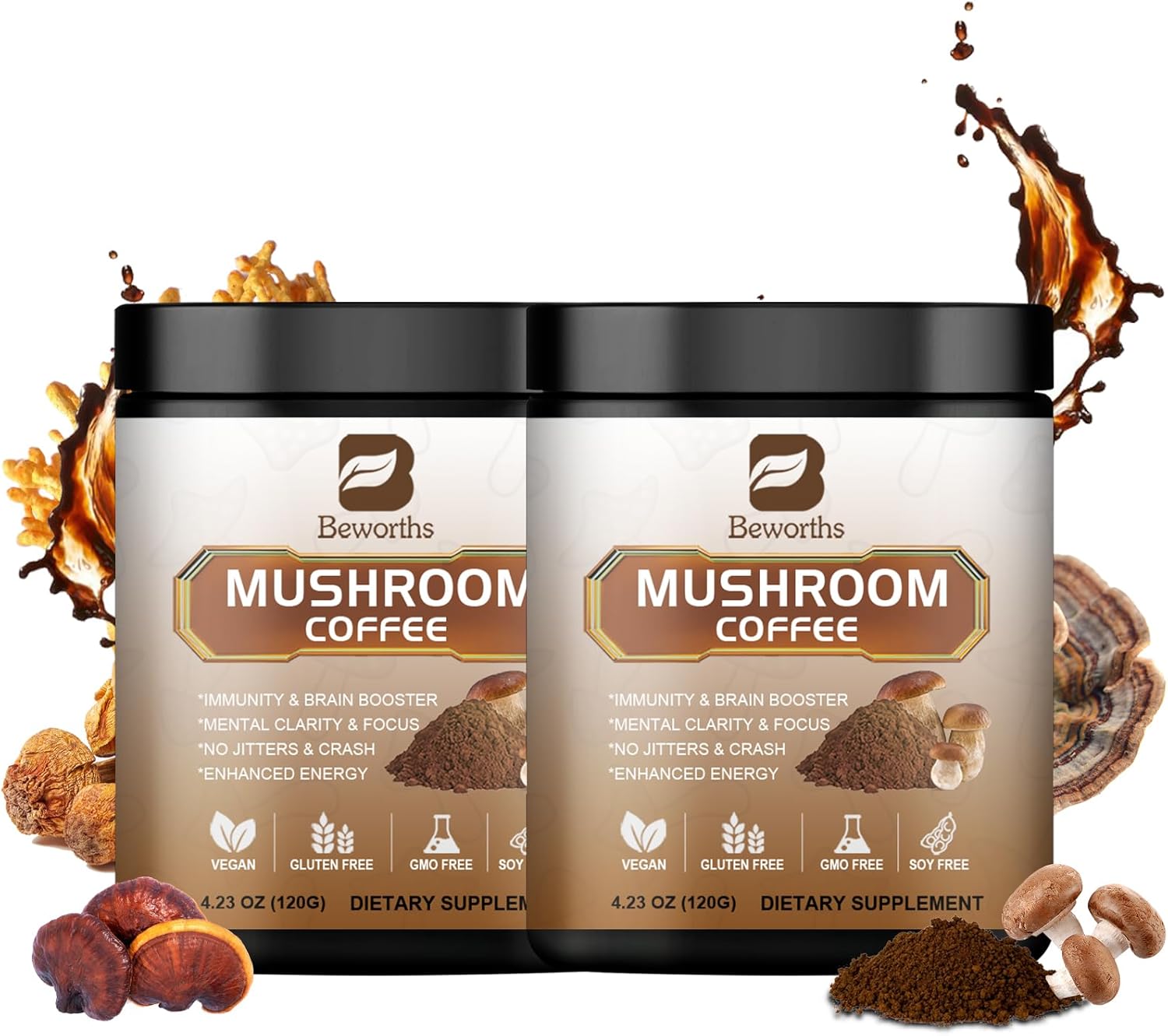 Mushroom Coffee Blend - Instant Coffee with Lion's Mane, Reishi, Chaga, Cordyceps, and Turkey Tail for Enhanced Energy, Mental Clarity, and Cognitive Support