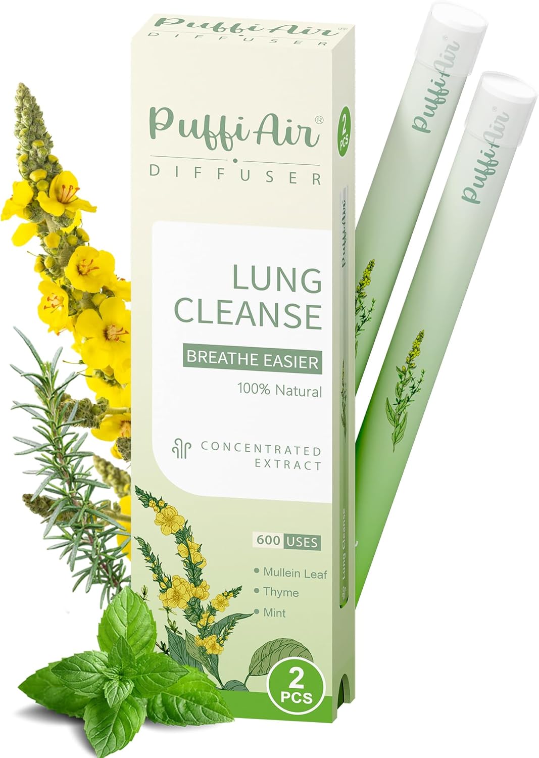 Herbal Diffuser Pen for Lung Health - Mullein, Thyme & Mint Blend for Enhanced Breathing, 600 Uses, Single Pack