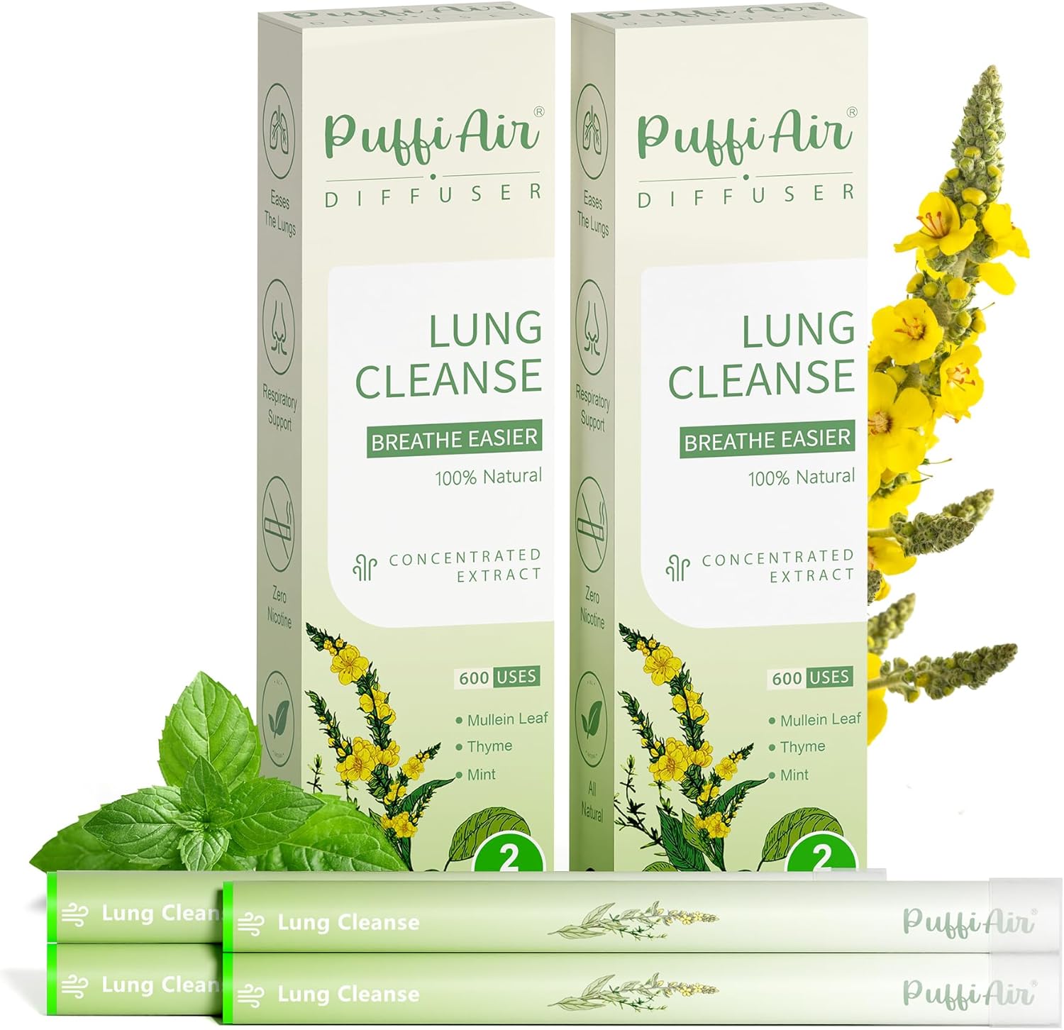 Herbal Diffuser Pen for Lung Health - Mullein, Thyme & Mint Blend for Enhanced Breathing, 600 Uses, Single Pack