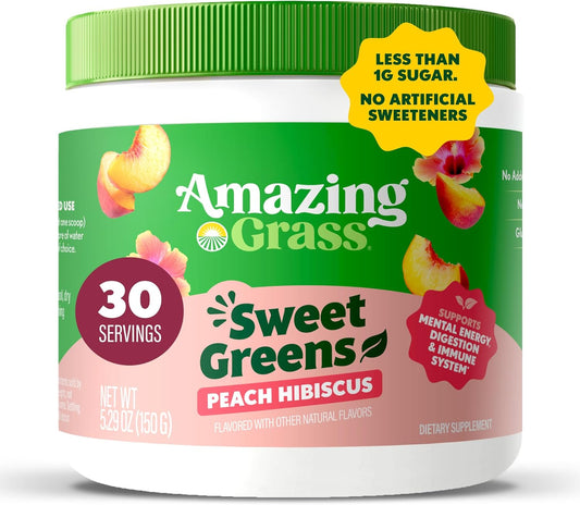 Sweet Greens and Superfoods Powder for Digestive Health, Greens Powder, Digestive Enzymes, Probiotics, Spirulina, Chlorella, Peach Hibiscus, 30 Servings