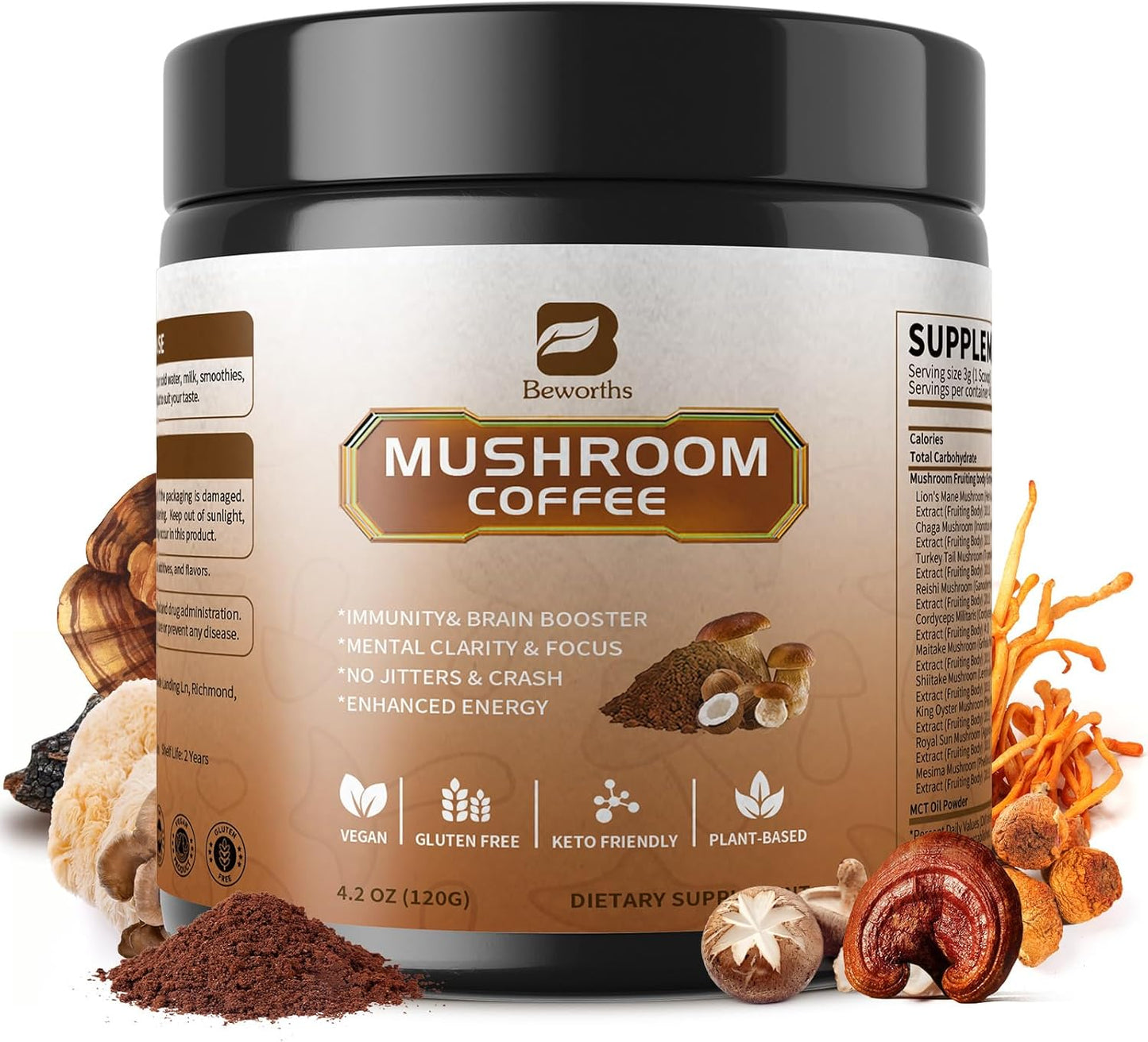Mushroom Coffee Blend - Instant Coffee with Lion's Mane, Reishi, Chaga, Cordyceps, and Turkey Tail for Enhanced Energy, Mental Clarity, and Cognitive Support