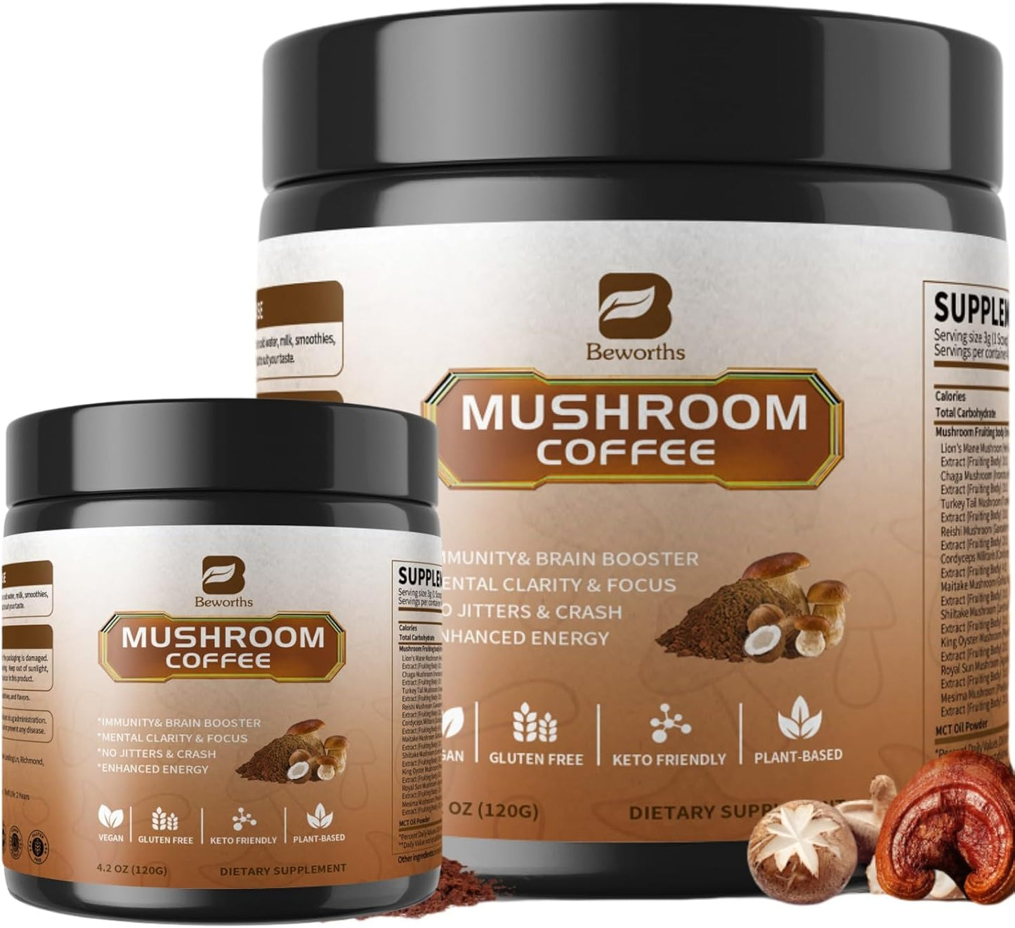 Mushroom Coffee Blend - Instant Coffee with Lion's Mane, Reishi, Chaga, Cordyceps, and Turkey Tail for Enhanced Energy, Mental Clarity, and Cognitive Support