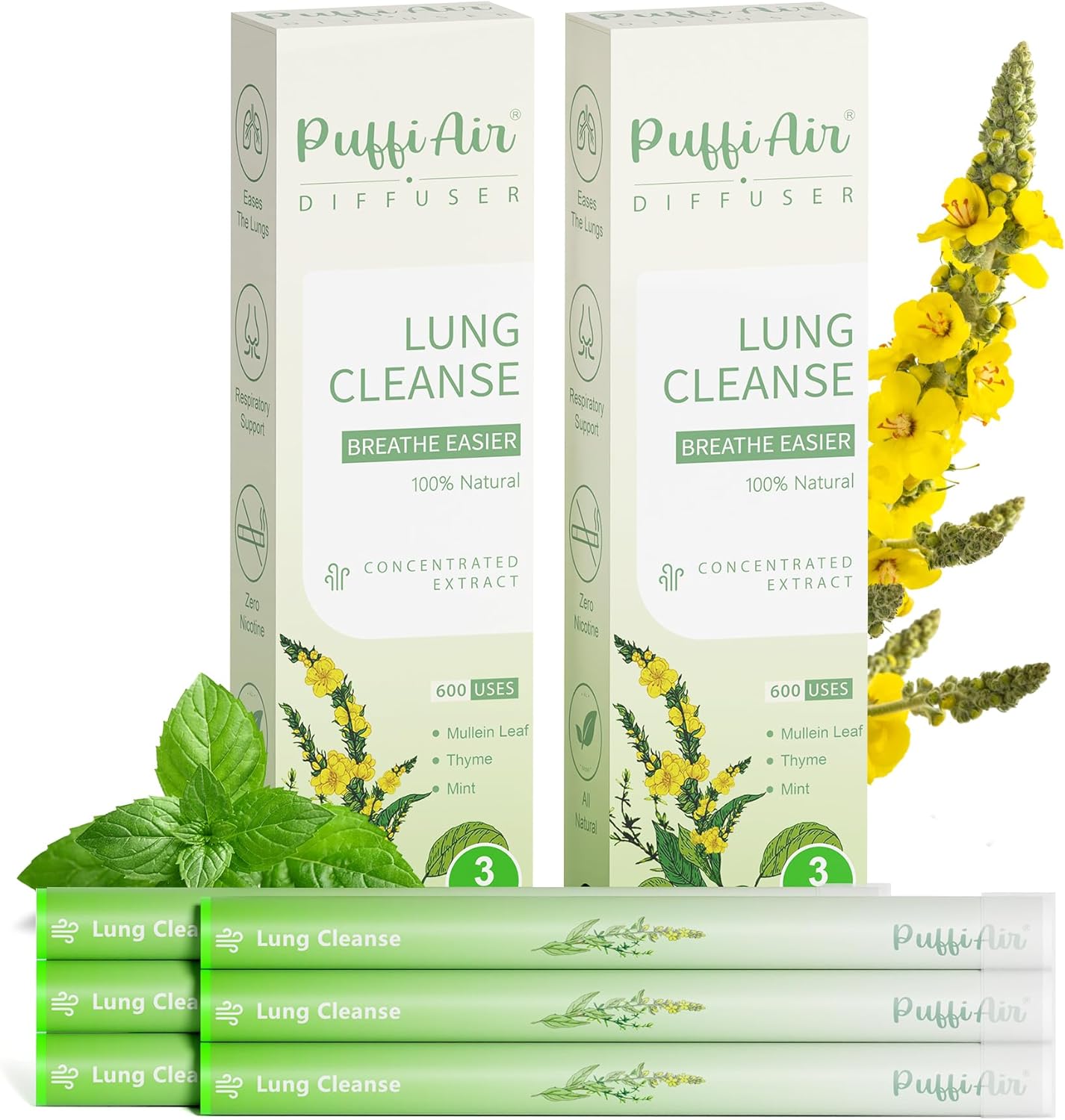 Herbal Diffuser Pen for Lung Health - Mullein, Thyme & Mint Blend for Enhanced Breathing, 600 Uses, Single Pack