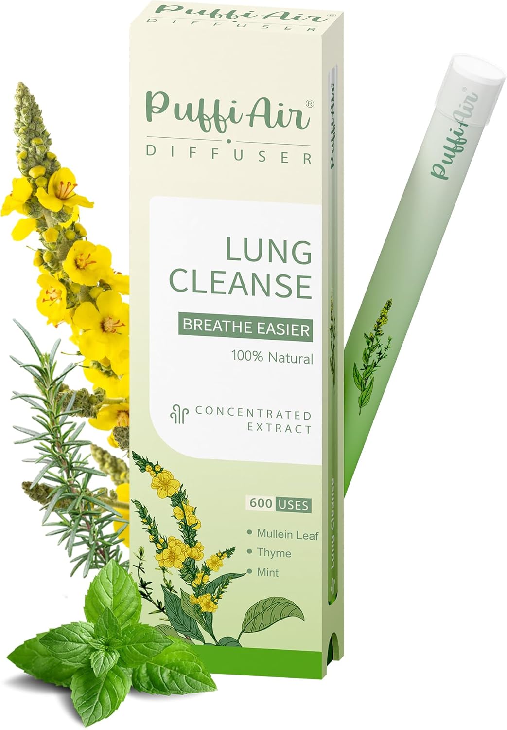 Herbal Diffuser Pen for Lung Health - Mullein, Thyme & Mint Blend for Enhanced Breathing, 600 Uses, Single Pack