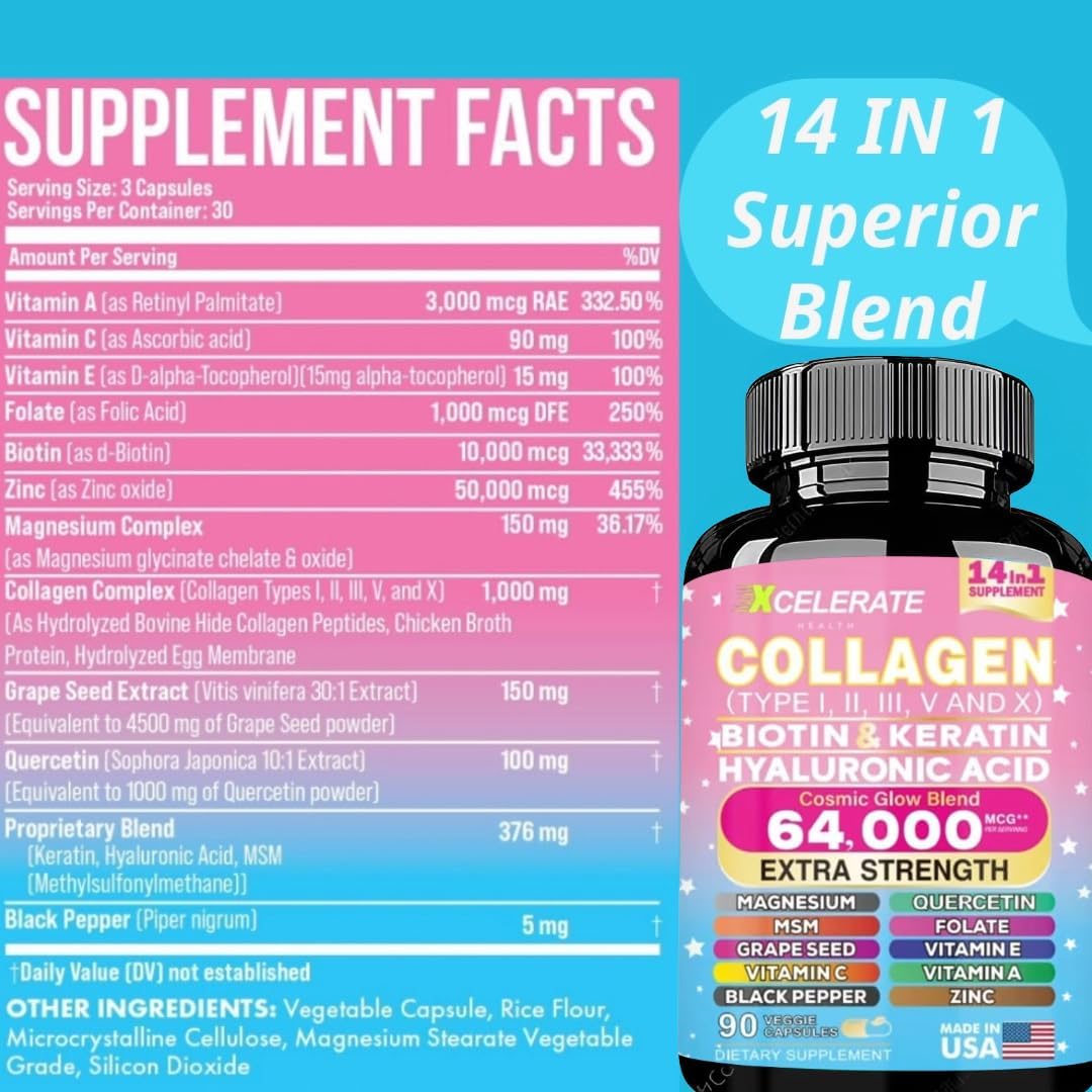 14-in-1 Collagen Supplement with Peptides Types II, III, V, X, Biotin, Keratin, Hyaluronic Acid, Folate, Zinc, Quercetin, Apple Cider Vinegar, Magnesium, and Grape Seed for Hair, Skin, and Nail Health Support (Label May Vary)