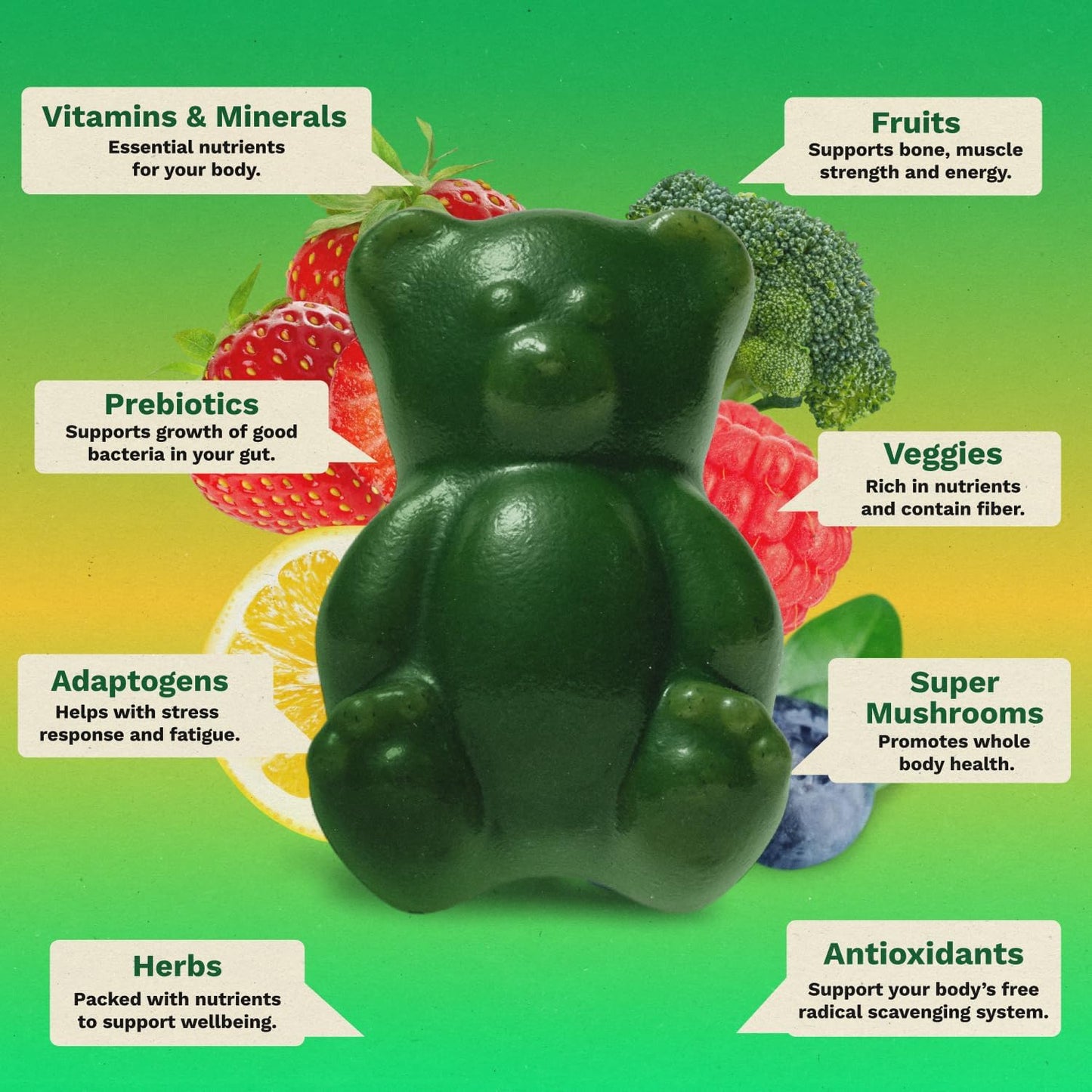 Adults Super Greens Gummies, Multivitamin Superfood Gummy Bears, Spirulina, Chlorella, Prebiotics & Fiber Gummies for Digestive Health, Adaptogens Supplement, 20 Vitamins & Minerals, 10 Count