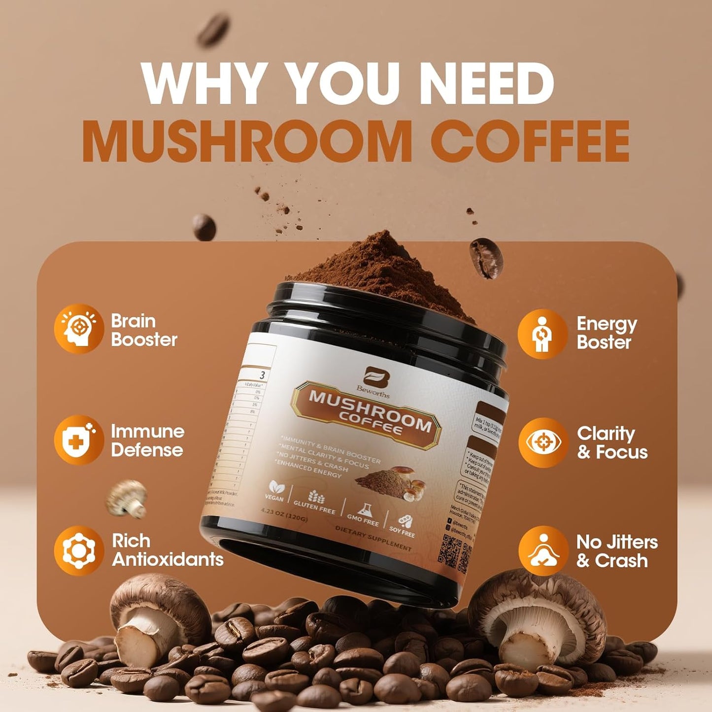 Mushroom Coffee Blend - Instant Coffee with Lion's Mane, Reishi, Chaga, Cordyceps, and Turkey Tail for Enhanced Energy, Mental Clarity, and Cognitive Support