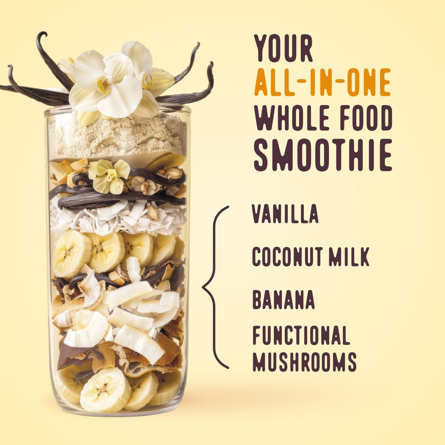 Vanilla Protein Shake Powder with Collagen Peptides, Reishi & Cordyceps Mushrooms - Focus, Skin, Hair & Joint Support - 100% Grass Fed Whey All in One Smoothie, 20 Servings