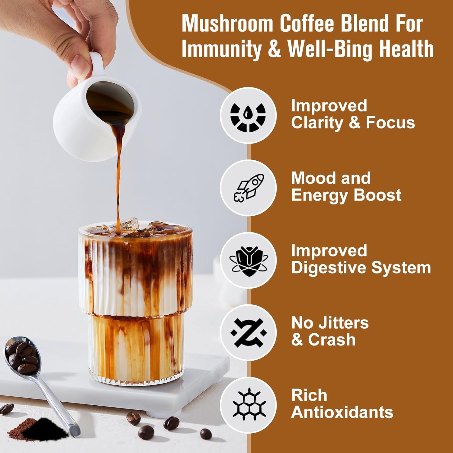 Mushroom Coffee Blend - Instant Coffee with Lion's Mane, Reishi, Chaga, Cordyceps, and Turkey Tail for Enhanced Energy, Mental Clarity, and Cognitive Support