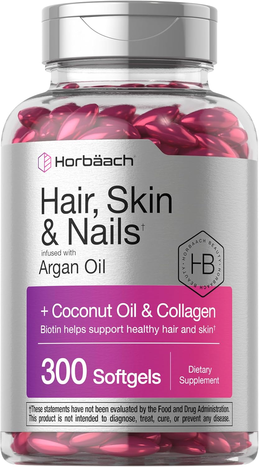 Hair, Skin, and Nails Supplement - 300 Softgels with Biotin, Collagen, Argan Oil, and Coconut Oil - Non-GMO and Gluten-Free