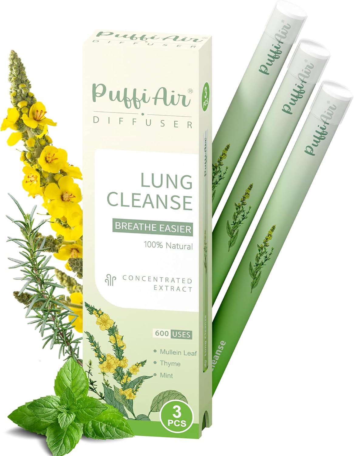 Herbal Diffuser Pen for Lung Health - Mullein, Thyme & Mint Blend for Enhanced Breathing, 600 Uses, Single Pack