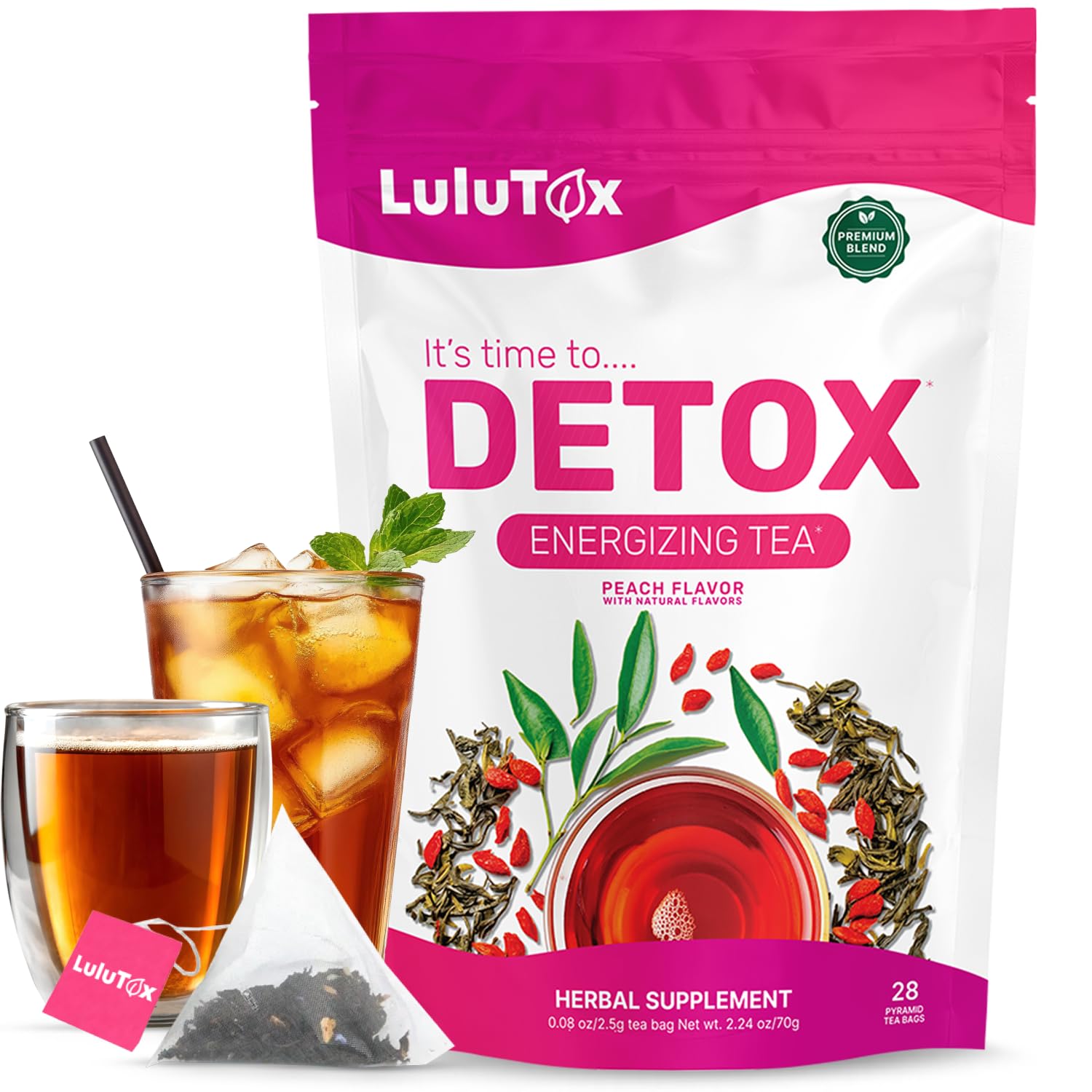 Detox Tea - Slimming Herbal Blend with Dandelion and Ginseng for Detoxification, Flat Belly, Bloating Relief, Healthy Weight Management, and Digestive Wellness - Peach Flavor (28 Servings)