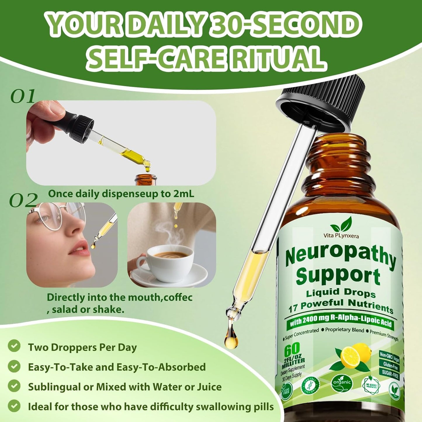 Neuropathy Support Liquid Drops with Advanced 17-In-1 Formula: Stabilized R-Alpha Lipoic Acid, Acetyl L-Carnitine, Vitamin B-Complex, and Magnesium for Enhanced Nerve Health and Antioxidant Energy