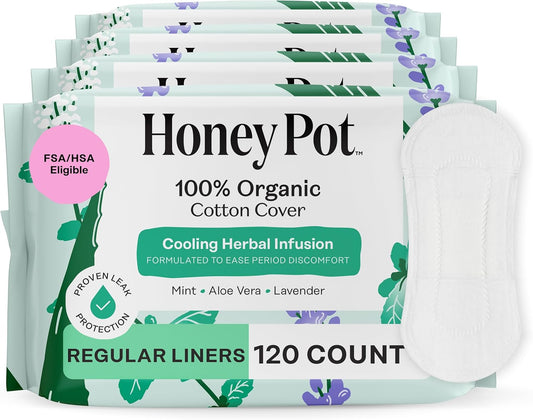 Herbal Everyday Panty Liners for Women - 120 Count, Infused with Essential Oils for a Refreshing Cooling Effect and Soft Organic Cotton Cover