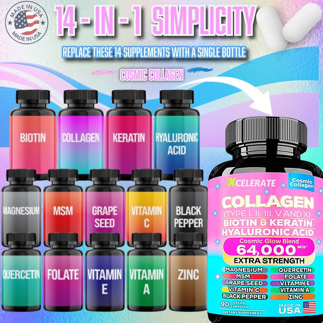 14-in-1 Collagen Supplement with Peptides Types II, III, V, X, Biotin, Keratin, Hyaluronic Acid, Folate, Zinc, Quercetin, Apple Cider Vinegar, Magnesium, and Grape Seed for Hair, Skin, and Nail Health Support (Label May Vary)