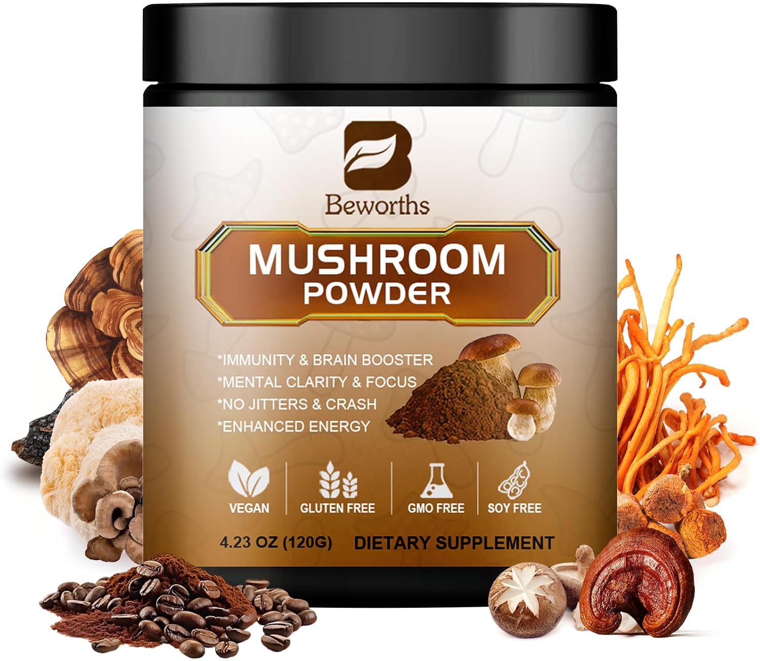 Mushroom Coffee Blend - Instant Coffee with Lion's Mane, Reishi, Chaga, Cordyceps, and Turkey Tail for Enhanced Energy, Mental Clarity, and Cognitive Support