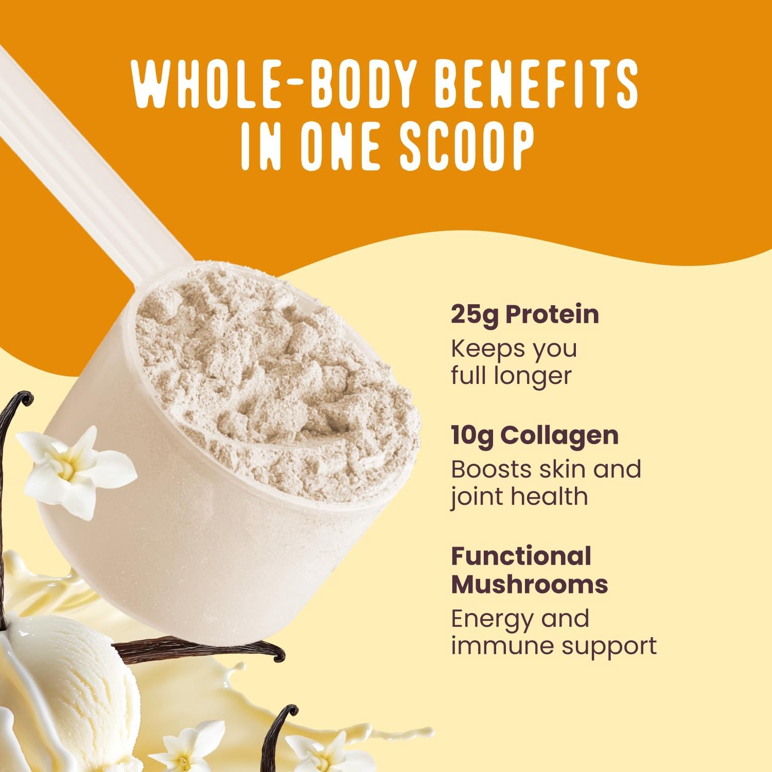 Vanilla Protein Shake Powder with Collagen Peptides, Reishi & Cordyceps Mushrooms - Focus, Skin, Hair & Joint Support - 100% Grass Fed Whey All in One Smoothie, 20 Servings