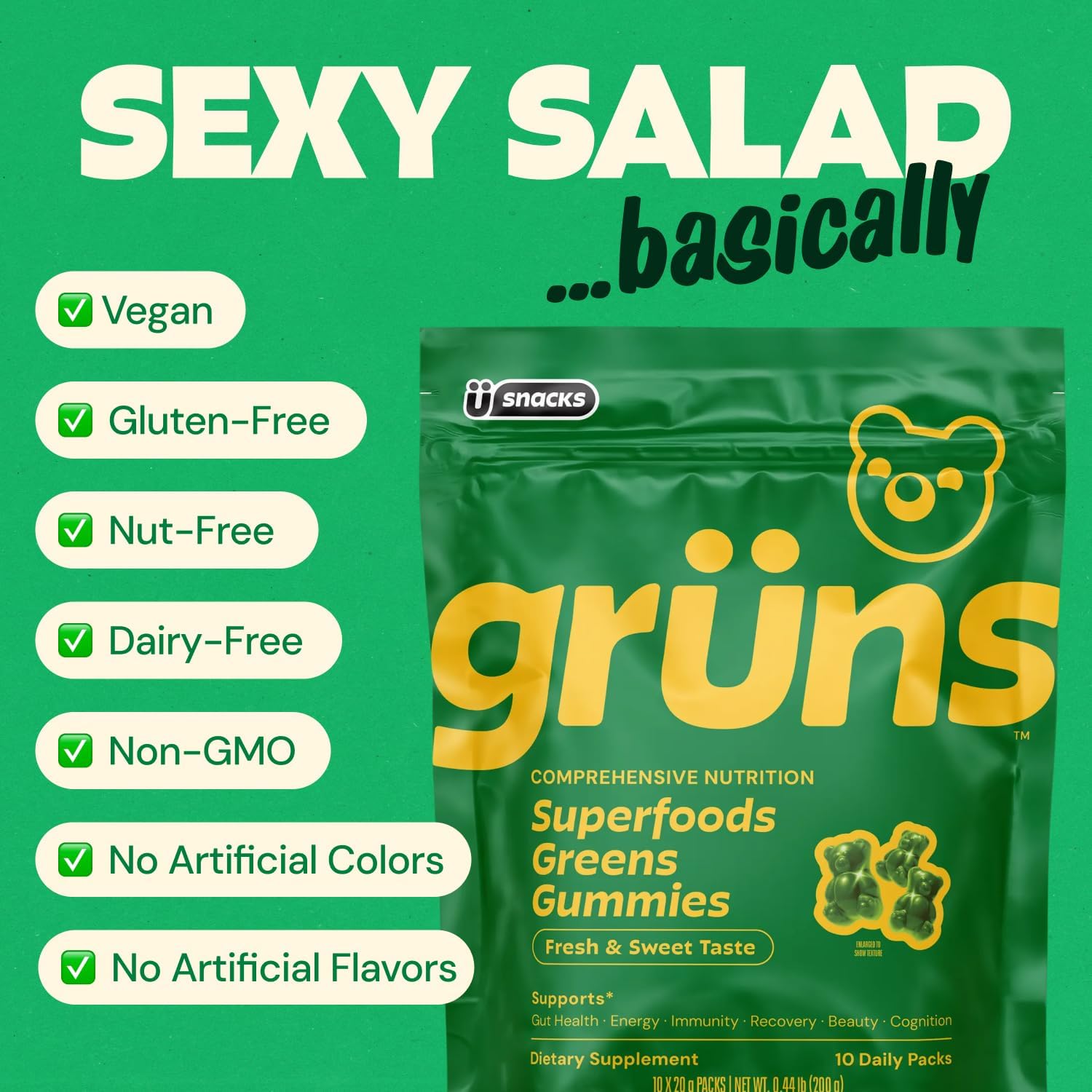 Adults Super Greens Gummies, Multivitamin Superfood Gummy Bears, Spirulina, Chlorella, Prebiotics & Fiber Gummies for Digestive Health, Adaptogens Supplement, 20 Vitamins & Minerals, 10 Count