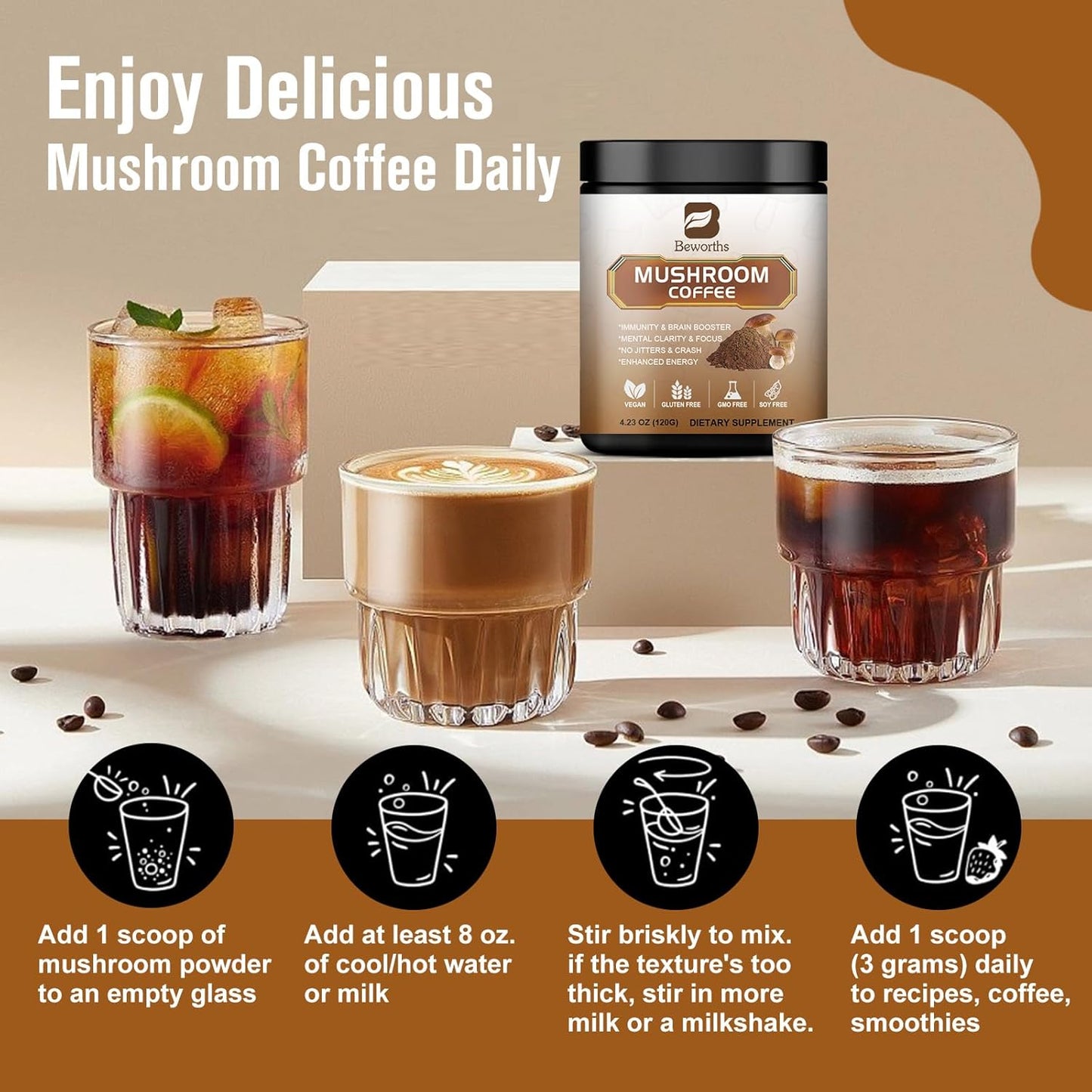 Mushroom Coffee Blend - Instant Coffee with Lion's Mane, Reishi, Chaga, Cordyceps, and Turkey Tail for Enhanced Energy, Mental Clarity, and Cognitive Support