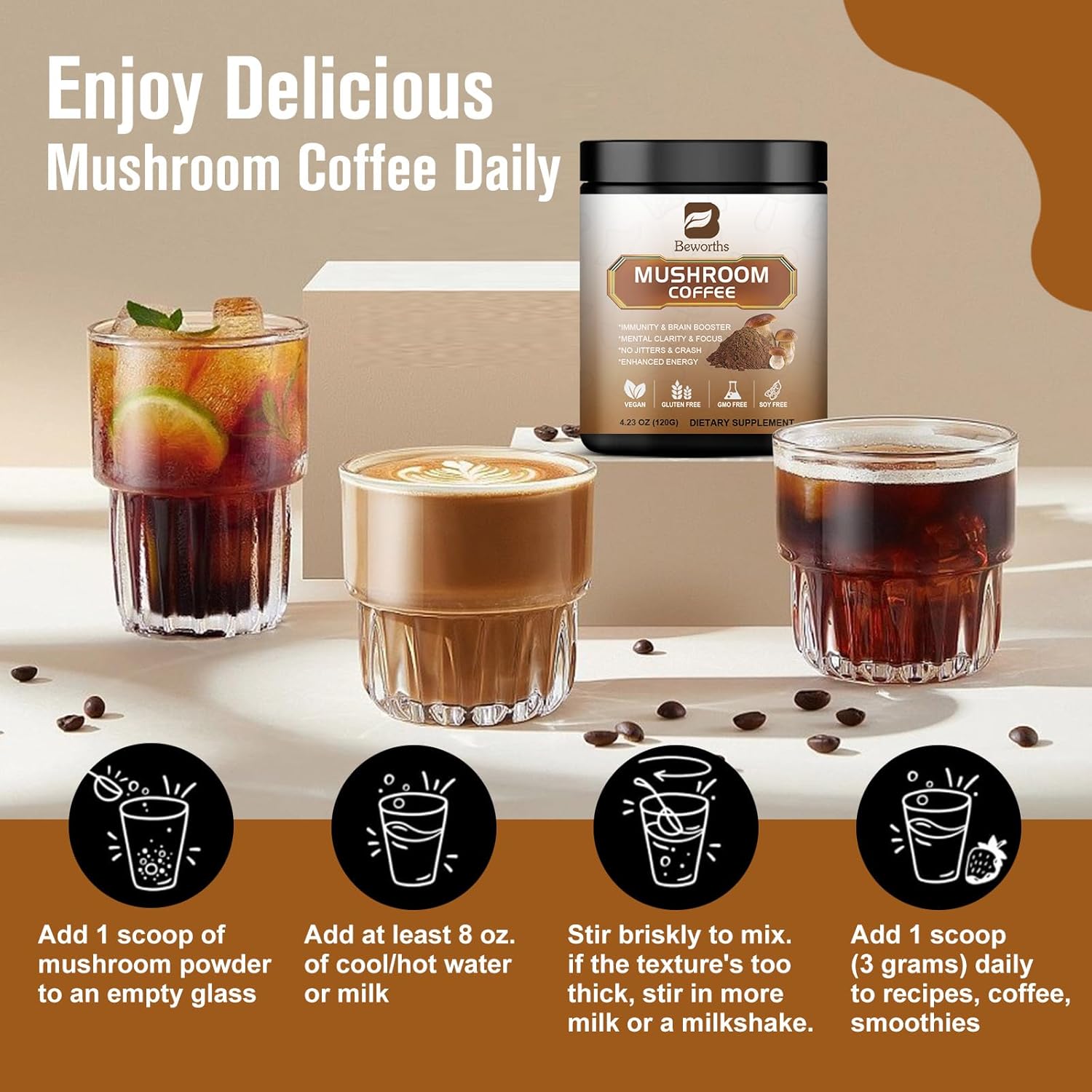 Mushroom Coffee Blend - Instant Coffee with Lion's Mane, Reishi, Chaga, Cordyceps, and Turkey Tail for Enhanced Energy, Mental Clarity, and Cognitive Support
