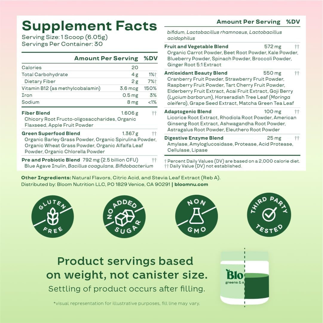 Greens and Superfoods Powder for Digestive Wellness with Digestive Enzymes, Probiotics, Spirulina, and Chlorella - Strawberry Kiwi Flavor, 30 Servings