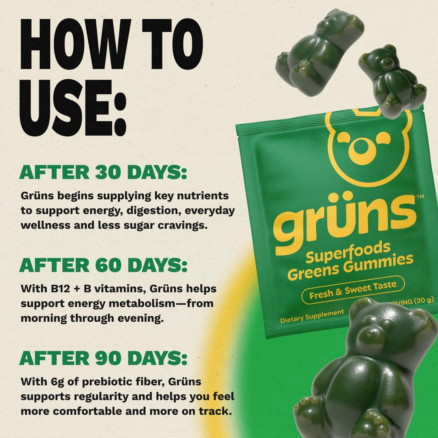 Adults Super Greens Gummies, Multivitamin Superfood Gummy Bears, Spirulina, Chlorella, Prebiotics & Fiber Gummies for Digestive Health, Adaptogens Supplement, 20 Vitamins & Minerals, 10 Count