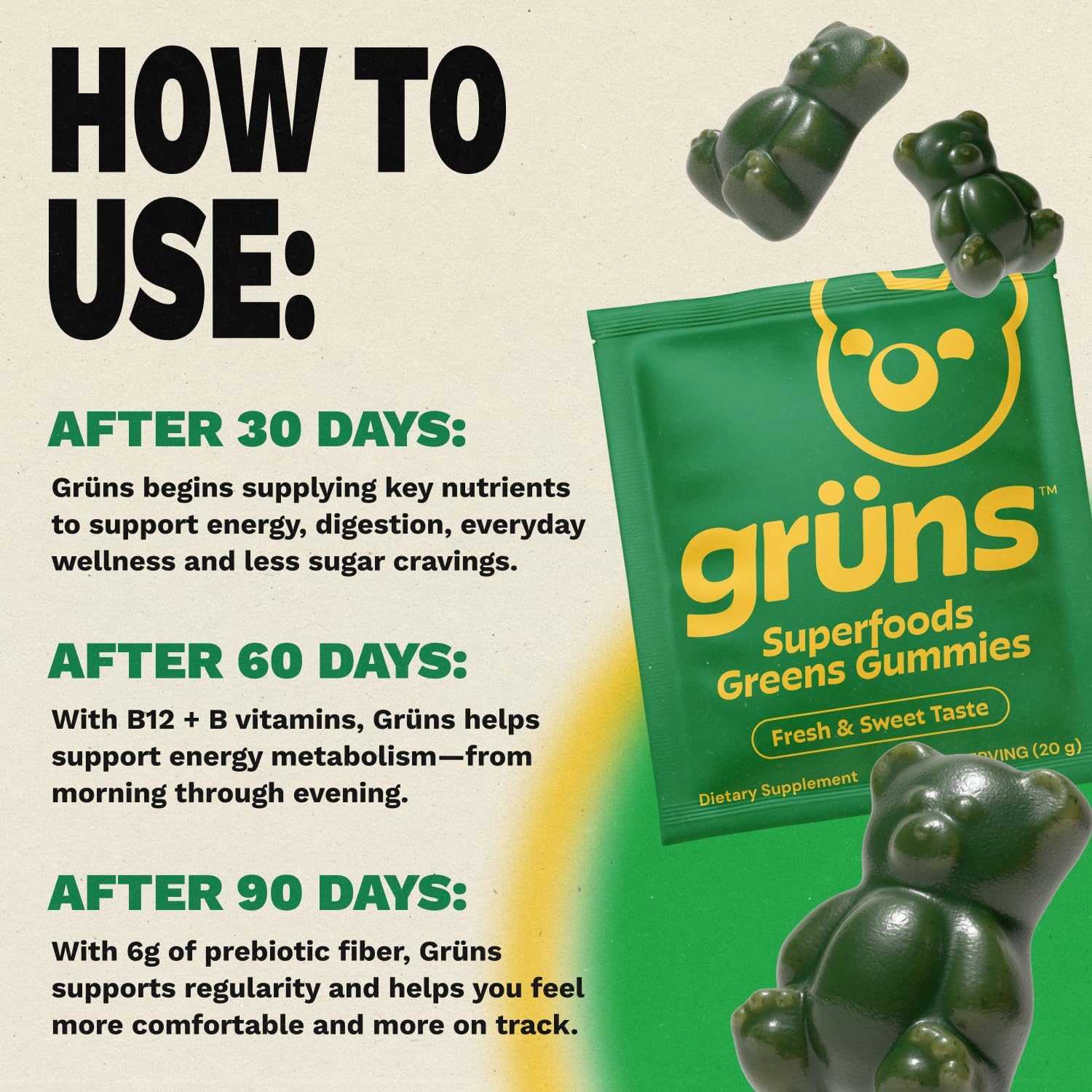 Adults Super Greens Gummies, Multivitamin Superfood Gummy Bears, Spirulina, Chlorella, Prebiotics & Fiber Gummies for Digestive Health, Adaptogens Supplement, 20 Vitamins & Minerals, 10 Count